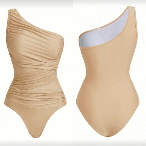 NWOT One-Shoulder Tan Swimsuit and Cover-Up Set size Extra Large - Picture 3 of 5